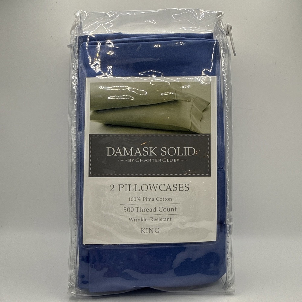 New Charter Club Damask Solid 2 Pillowcases King 500 TC Pima Cotton BLUE